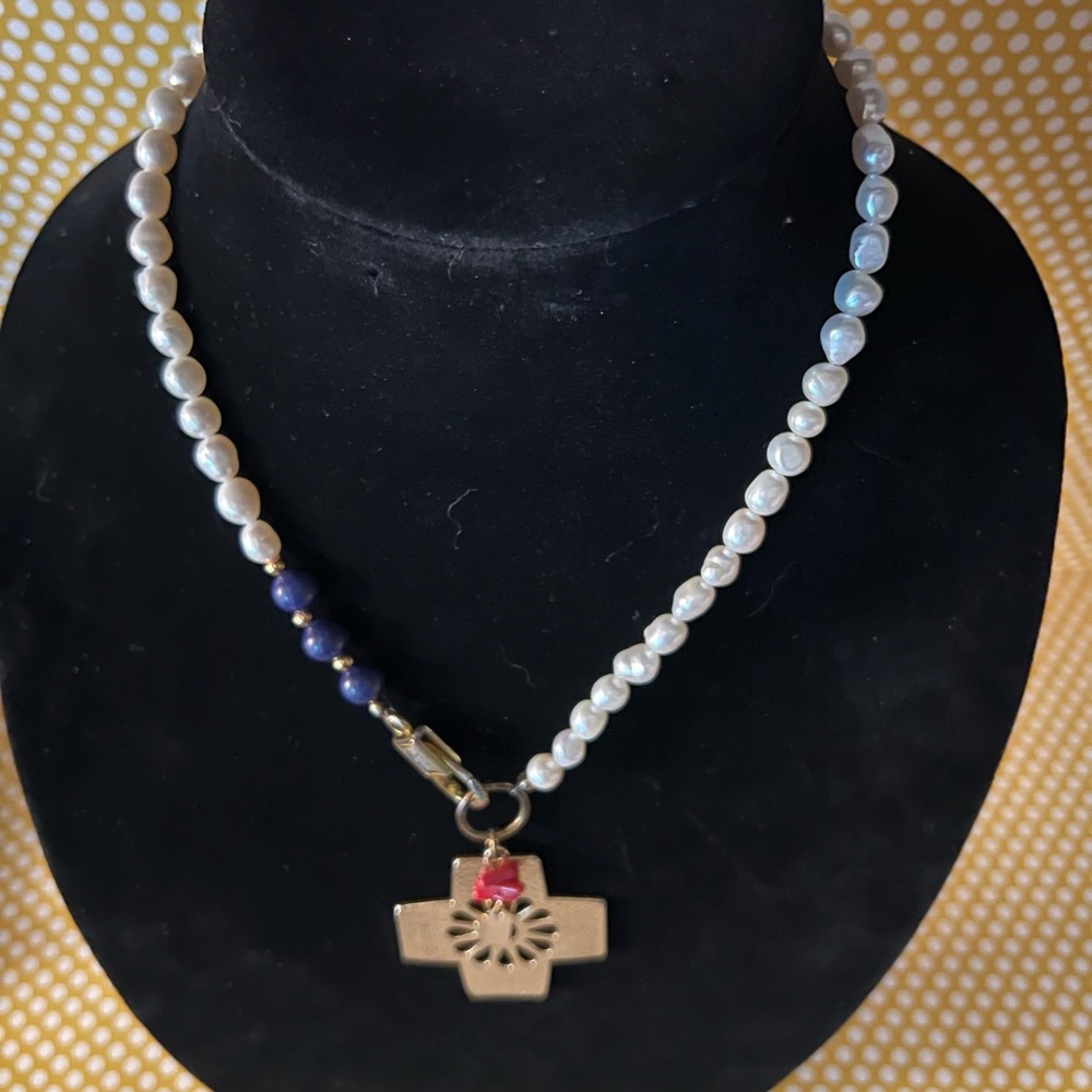 71. Pearl and Blue Beaded Necklace with Gold Pendant